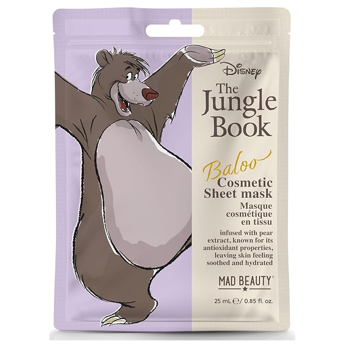 MAD Beauty The Jungle Book Baloo Cosmetic Sheet Mask Disney Aloe Vera, Hydrating Soothing Cute Design, Skincare Apple Scent | Gift for Women, Men, Adults