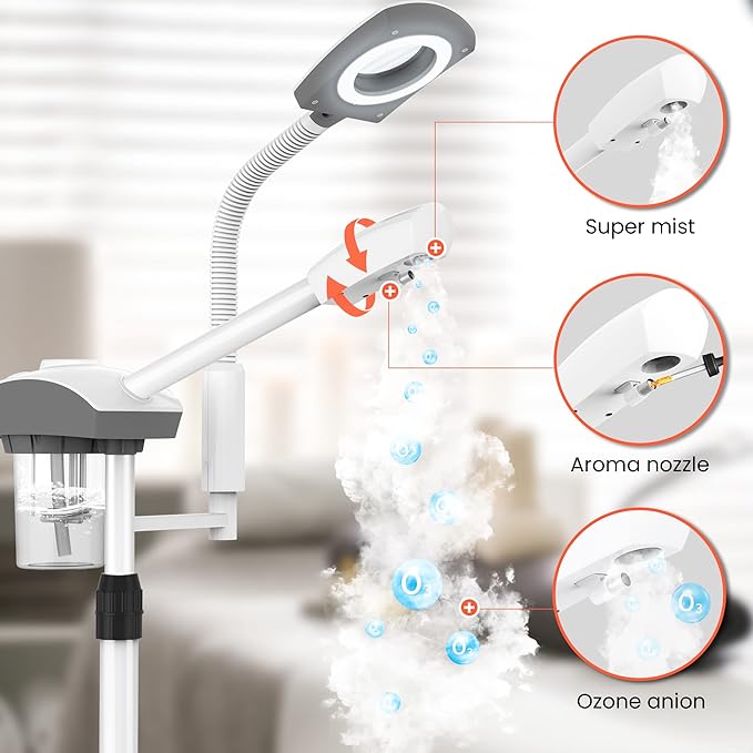 TASALON Professional Facial Steamer Tools for Esthetician, Skin Care and Deep Cleaning, 2 in 1 Face Machine with 3X Magnifying Foldable Arm, Ozone Face Steamer for Facial, Hot Mist Skincare, White