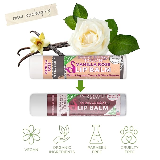 Vegan Lip Balm Set - Variety Pack of 3 Soothing Touch Lip Balms. Includes Bonus Muslin Pouch (3 x 4 in). Unique Gift Bundle from Tiny Seed (Lavender Coconut, Vanilla Chai, Vanilla Rose)