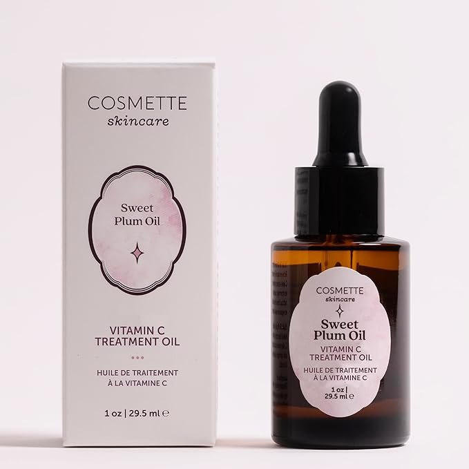 Cosmette Sweet Plum Vitamin C Facial Oil With Grape Seed, Almond, Coconut & Castor Oils, Hydrating Daily Face Oil to Support & Protect Skin Health, Plant Based Natural Skin Care, Vegan, 1 FL Oz