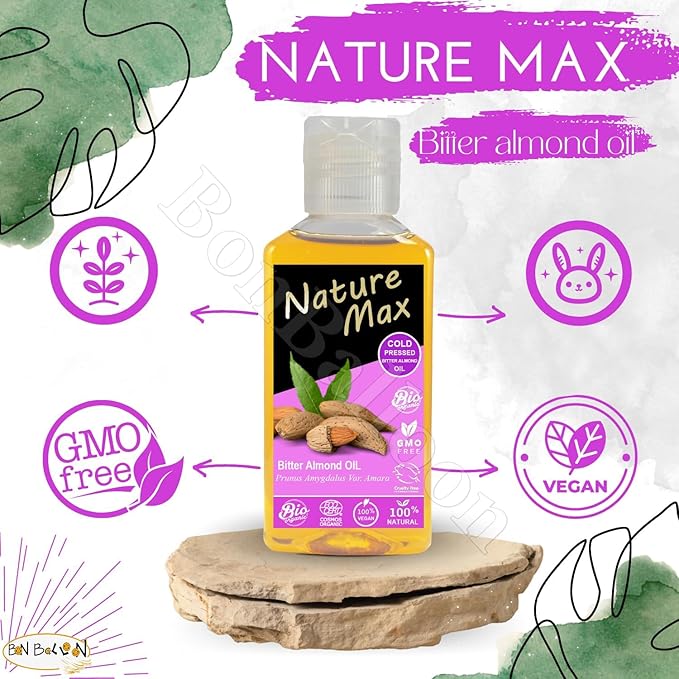 (1Pack = 3.38 oz / 100 ml) Nature Max Bitter Almond Oil Natural Undiluted Pure For Hair Skin Care Skincare Facial Body & Cold Pressed Premium زيت اللوز المر