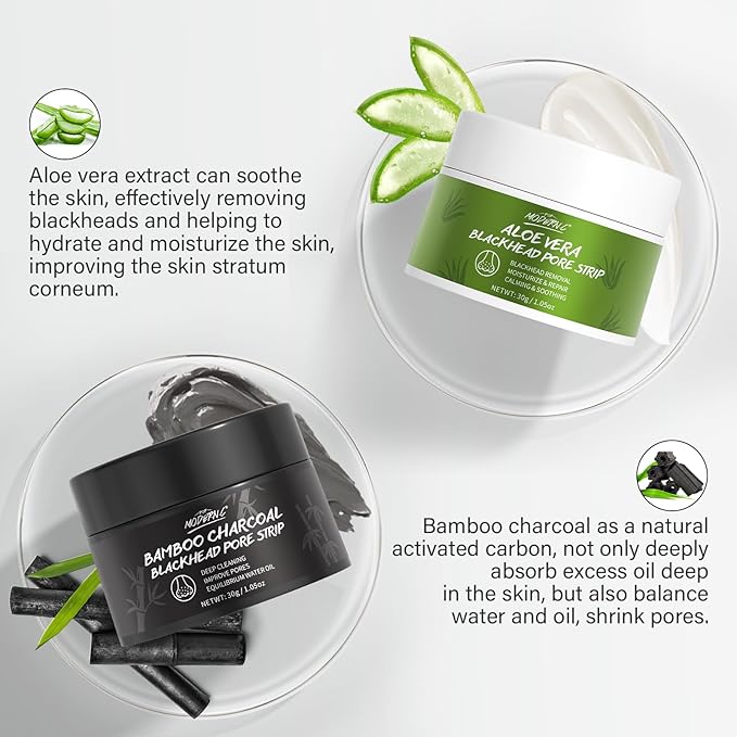 Blackhead Pore Strip 2pcs Aloe Vera Blackhead Remover Strip Bamboo Charcoal Nose Pore Strips Deep Cleaning Whitehead Strawberry Noses Blackhead Remover Face Mask Shrink Pores With 120pcs Paper