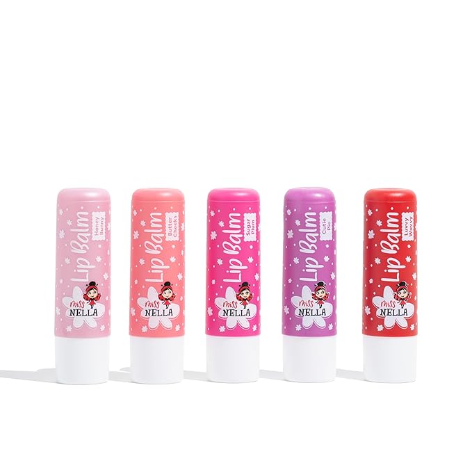 Miss Nella set of 5 Hypoallergenic children Lip Balms- HONEY BUNNY, SWEET CHEEKS & CUTIE PIE, Luvvu Wuvvy, Sugar Plum, Non Toxic Make Up for kids, perfect for those with sensitive skin.