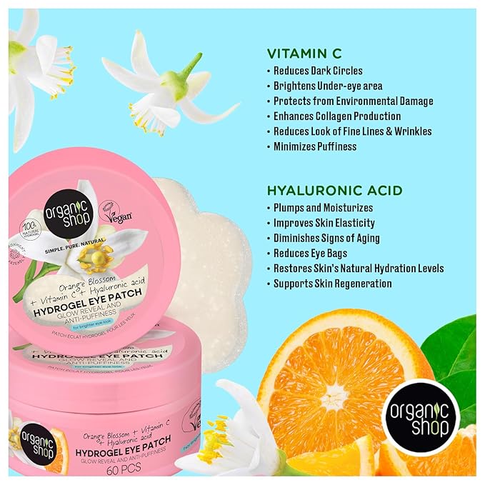 Hyaluronic Acid & Vitamin C Hydrogel Eye Patches for Dark Circles, Anti Puffiness, Deep Hydration, Fight Wrinkles & Fine Lines, Dark Spots, Texture Repair 100% Vegan & Organic. 60 Pcs