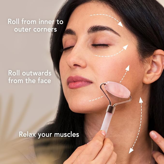 huefull Face Massager Rose Quartz Face Roller & Gua Sha Facial Tool Set, Muscle Tension Relief, Skin Care Gifts for Woman/Men, Self Care Gifts