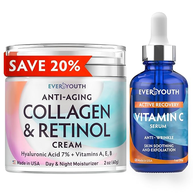 Collagen Cream for Face & Vitamin C Serum 20% Bundle, Anti Aging Facial Moisturizer and Stem Cell Serum with Hyaluronic Acid - Save 20%