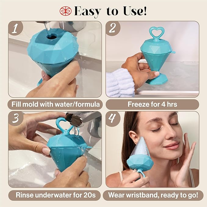Rena Chris Ice Roller for Face: Diamond Ice Facial Roller, Reach Detailed Areas, De-Puff Eye Bags, Reusable Silicone Massage Ice Mold with Face Wash Wristband, Skin Care Tools for Women(Blue)