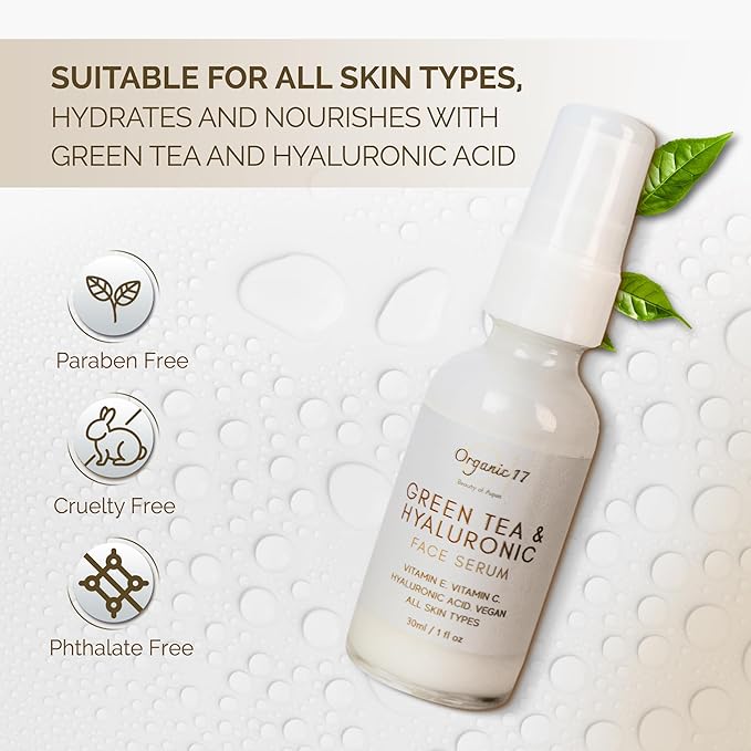 Hyaluronic Acid & Green Tea Face Serum – Anti-Aging Hydrating Serum with Vitamins C + E for Glowing Skin, Vegan & Cruelty-Free for All Skin Types – 30ml