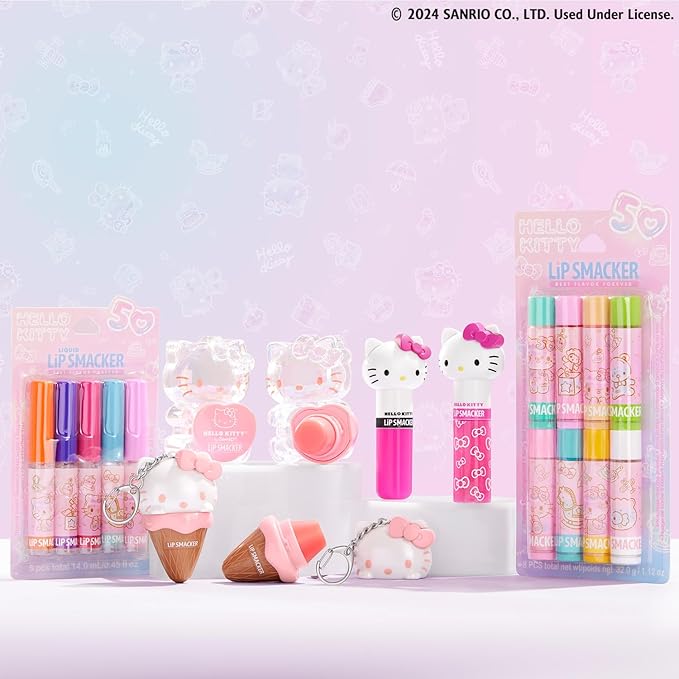 Lip Smacker Hello Kitty 50th Anniversary 8-Piece Lip Balm Party Pack - Super Sweet Flavors, Moisturizing, Sweet Silky Smooth Gliding Application, Perfect for Gifting