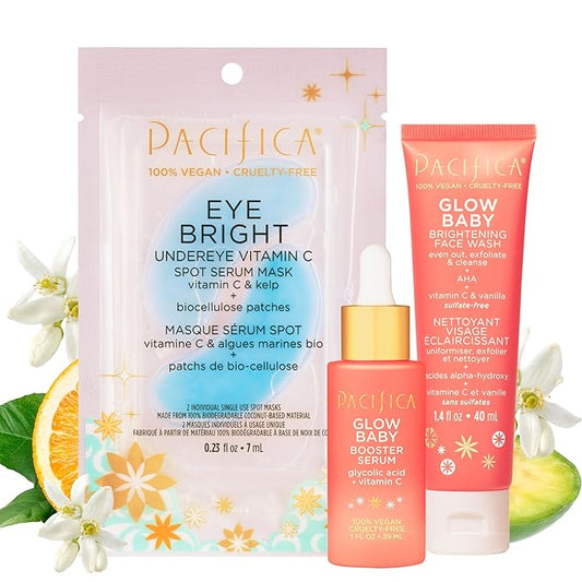 Pacifica Beauty | Glow Baby Vitamin C Trial + Value Kit | 3-Piece Skin Care Gift Set | Travel Friendly | Brightening Face Serum, Face Wash/Cleanser, Under Eye Patches | Glycolic Acid, AHA | Vegan