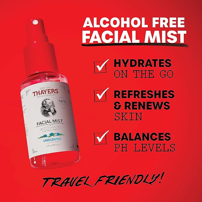 Thayers Alcohol-Free Witch Hazel Facial Mist Toner with Aloe Vera, Unscented, Soothing and Hydrating, for All Skin Types, Trial Size, 3 oz