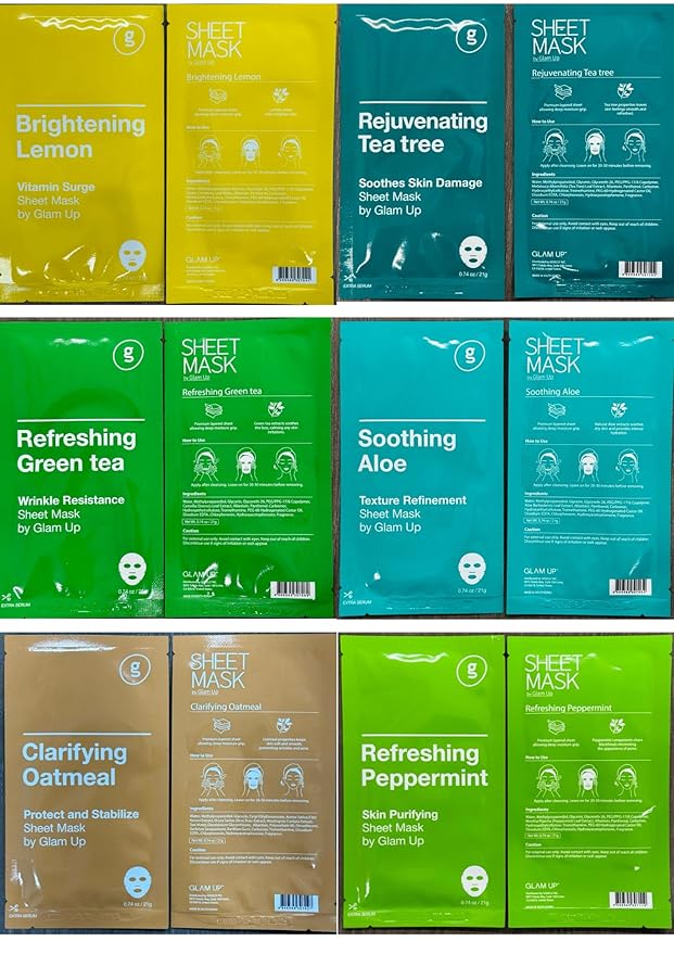 GLAM UP Premium Facial Sheet Mask 12 Combo (Pack of 12) | Clean Face Masks Skincare, Hydrating Face Masks, Moisturizing, Soothing, Beauty Mask For All Skin Type Variety Beauty Mask Set