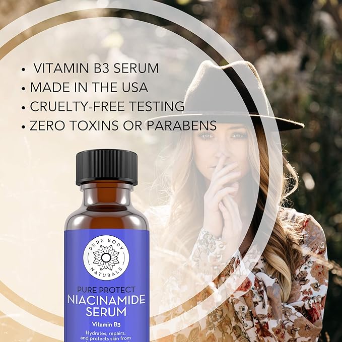 Pure Body Naturals Vitamin B3 Niacinamide Serum, 1 Fluid Ounce - Super Moisturizer Cream for A Younger Looking Face and Body - Pore Reducing Facial Lotion - Pure and Natural Ingredients