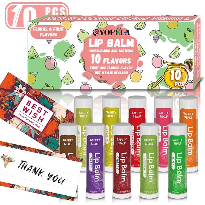 10 Pack Natural Lip Balm Bulk with Vitamin E and Coconut Oil - Moisturizing, Sootand Cracked Lips, Mini Chap Stick Gifts for Kids Women Men- 10 Flavors - Non-GMO