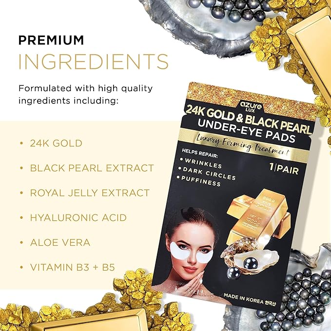 AZURE 24K Gold & Black Pearl Luxury Firming Under Eye Pads - Moisturizing & Restoring Eye Mask Patches - Reduces Fine Lines, Wrinkles, Dark Circles & Puffiness - Skin Care Made in Korea - 10 Pairs