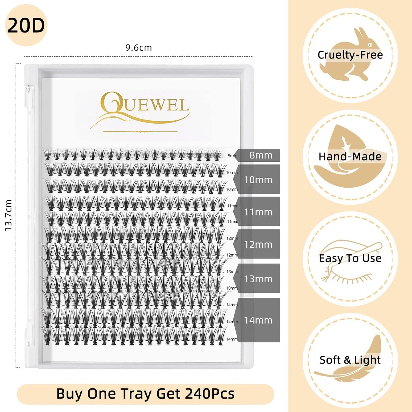 QUEWEL Lash Clusters 240Pcs Cluster Lashes 20D 0.07C Curl Mix8-14mm Individual Lashes Soft&Comfortable DIY Eyelash Extension at Home(20D 0.07C MIX8-14)