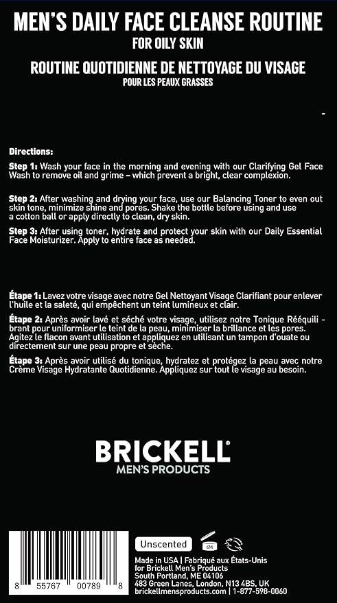 Brickell Men's Daily Face Cleanse Routine for Oily Skin, Alcohol Free Toner, Gel Facial Wash and Moisturizer, Natural and Organic, Unscented