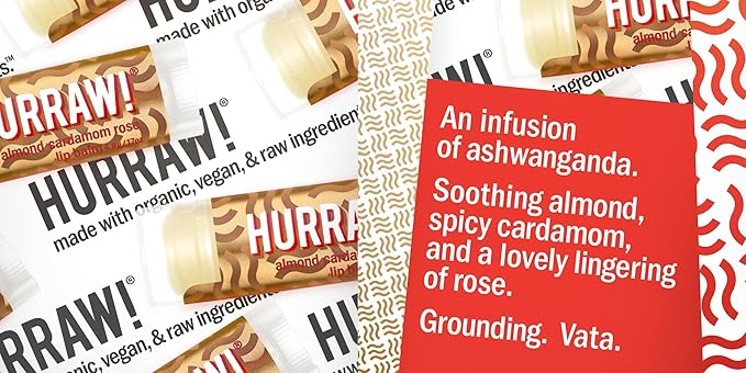 Hurraw! Almond, Cardamom, Rose (Vata) Lip Balm, 3 Pack: Organic, Certified Vegan, Cruelty and Gluten Free. Non-GMO, 100% Natural Ingredients. Bee, Shea, Soy and Palm Free. Made in USA