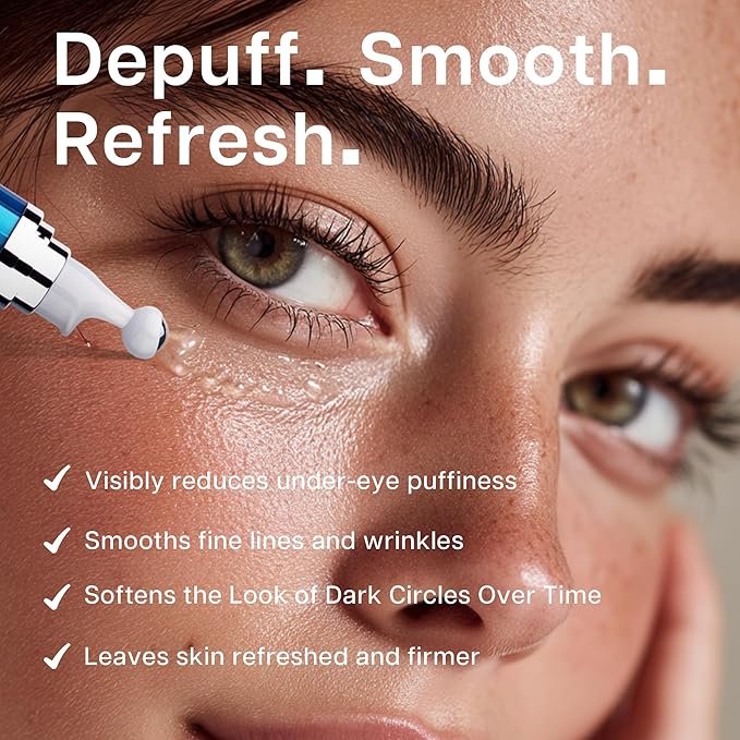 Eye Serum for Dark Circles and Puffiness, 5% Caffeine 8% Retinol Under Eye Cream with Build-In 3D Roller Applicator, Hyaluronic Acid Peptide for Hydration Fine lines Wrinkles, 0.5 fl oz