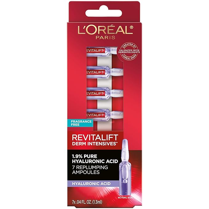 L'Oreal Paris Revitalift Derm Intensives Hyaluronic Acid Serum Ampoules 7 Day Boost Pure Hyaluronic Acid Anti-Aging Ampoules to visibly replump skin in 7 days, 7 Ampoules, 0.28 fl; oz.