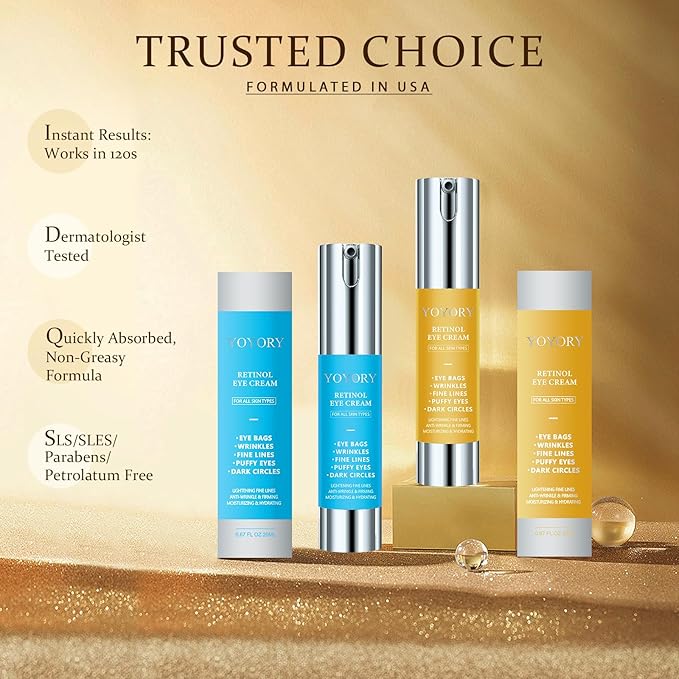 Retinol Under Eye Cream - Anti-aging Eye Cream for Eye Bags, Dark Circles, and Fade Wrinkles, Fine Lines Skin Care Treatment for Women and Men, Gold(0.67 Fl Oz)