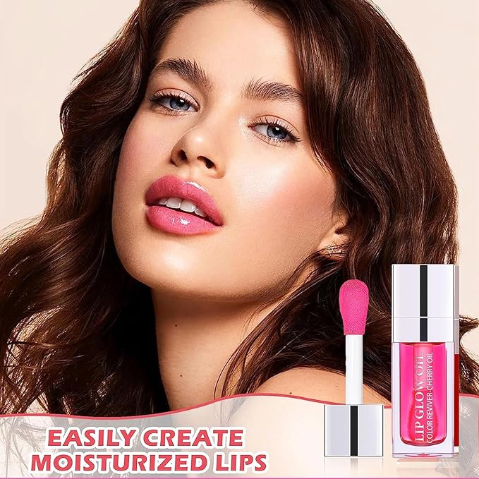 Plumping Lip Oil, Hydrating Gloss Tinted Lip Balm Transparent Lip Care, Big Brush Head Glitter Shine, Long Lasting Nourishing Non-sticky Fresh Texture(2PCS CHERRY)