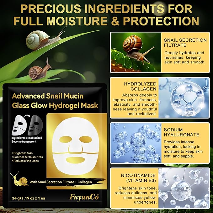 Advanced Snail Mucin Glass Glow Hydrogel Face Masks - 4pcs，Collagen Face Mask - Anti Aging and Moisturizing Face Masks Skincare,for Acne Marks, Anti-Aging, Firming Skin