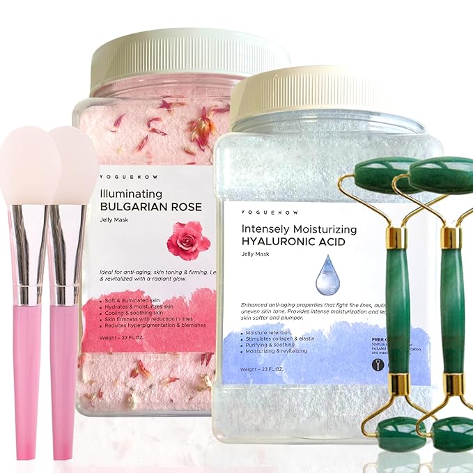 Jelly Face Mask for Facials - Rose + Hyaluronic Acid (Pack of 2) - Hydrating Glowing & Nourishing - Free Jade Roller & Spatula - Professional Hydrojelly Masks -Perfect for Vajacial - 46 Oz Jar