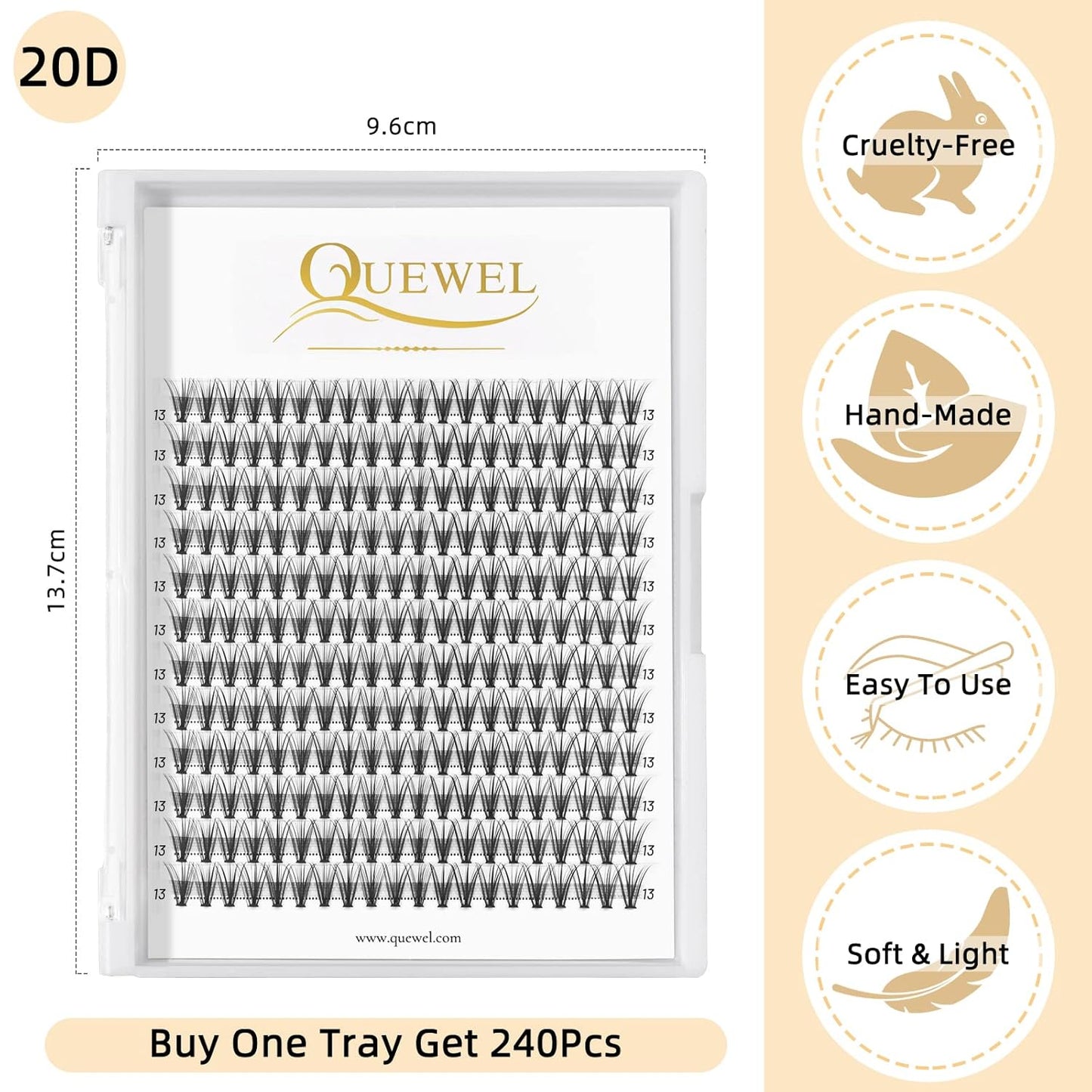 QUEWEL Cluster Lashes 240Pcs Individual Lashes 20D 0.07D Curl 13mm Knot-Free Lash Extensions Clusters Lashes Soft&Natural False Eyelashes Individual DIY Eyelash Extension at Home(20D 0.07D 13)
