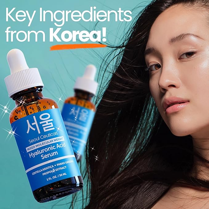 SeoulCeuticals Korean Hyaluronic Acid Serum For Face - High Molecular Weight & Low Molecular Weight Hyaluronic Acid - Centella Serum + Propolis. 1oz