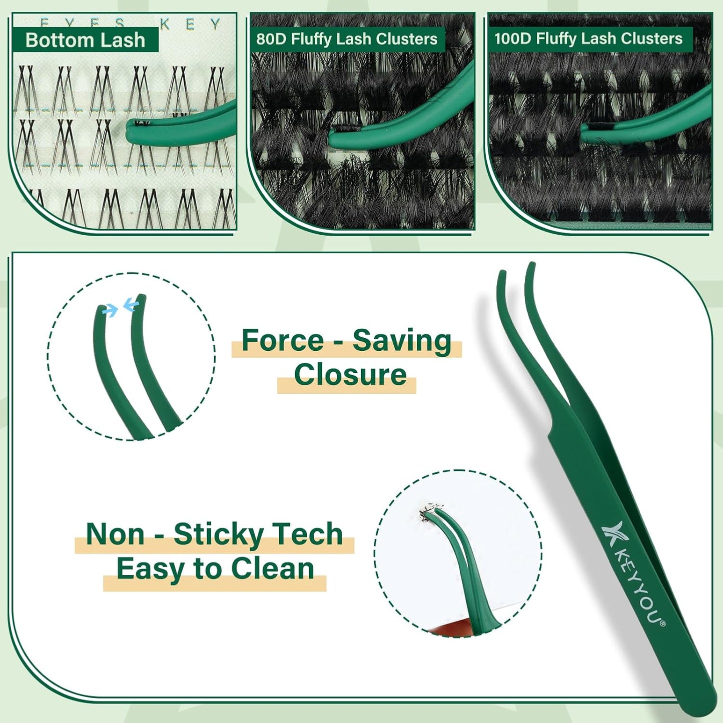 KEYYOU Lash Extension Kit with Bottom Lashes Mixed 5-18mm 80D 100D Eyelash Extension Kit Multi-Type Lash Clusters with Bond and Seal Applicator Remover DIY at Home