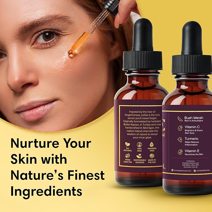 LETHE Vegan Botanical Face Serum – Vitamin C & 50 Natural Extracts & Essential Oils – Improves Skin Tone, Firmness & Smoothness – Natural Skincare for Dark Spots & Uneven Skin Tone – 1oz