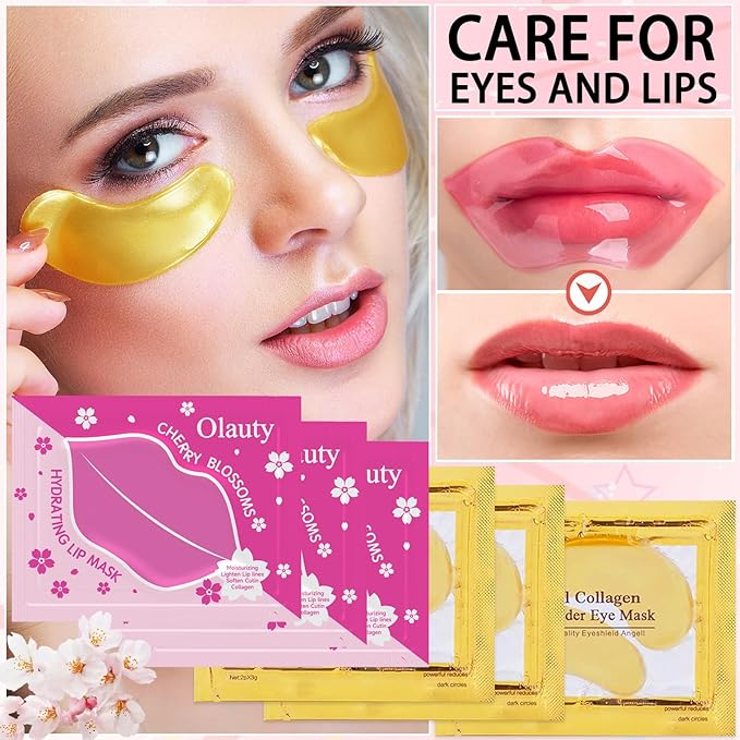 30 Pairs Lip Masks & Eye Masks, 24K Gold Gel Crystal Collagen Under Eye Patches for Puffy Eyes, Dark Circles and Wrinkles, Moisturizing Nourishing Collagen Lip & Eye Mask Set for Women Men