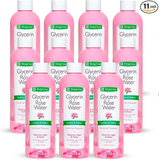 De La Cruz Rose Water and Glycerin for Face - Rosewater Facial Toner and Moisturizer for Skin and Hair 8 fl oz (236 mL) - 11 Bottles