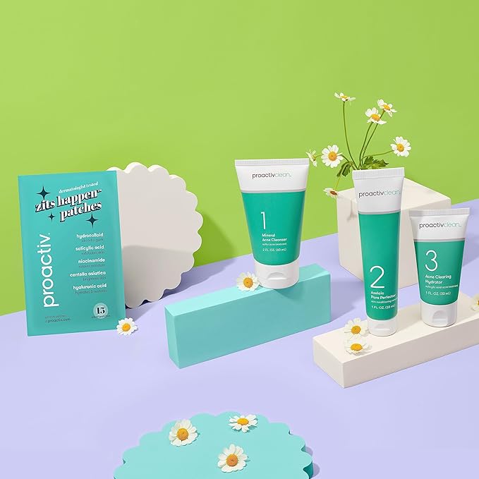 Proactiv Clean 3 Step Acne Routine w/ Pimple Patches- Sulfur Acne Treatment Cleanser, Azelaic Acid Serum, and Facial Moisturizer for Sensitive, Acne-Prone Skin- 30 Day Acne Kit with Pimple Patches