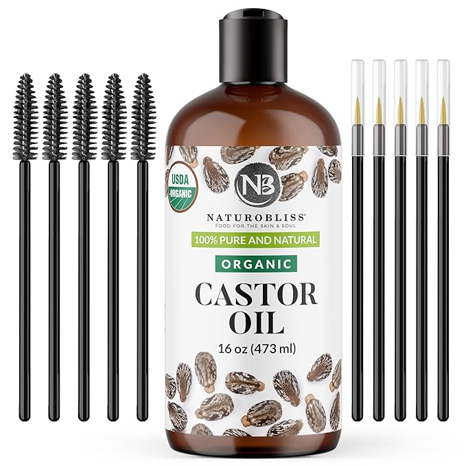 NaturoBliss Organic Castor Oil 100% Pure and Natural Premium Grade for Hair Growth, Eyelashes and Eyebrows - Carrier Oil - Hair and Body - Expeller-Pressed & Hexane-Free (16 Fl Oz)