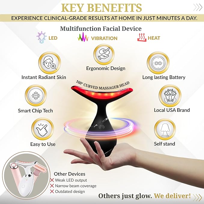 Red-Light-Therapy-for-Face and Neck, Facial Massager Triple Action Portable Beauty Device. LED, Thermal, and Vibration for a Radiant Appearance