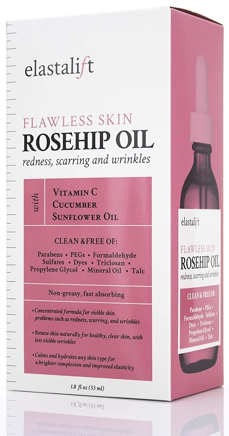 Elastalift Rosehip Oil for face with Vitamin C and Cucumber. Pure Rosehip face oil helps with Wrinkles, Scarring, and Redness for a brighter skin complexion. 1.8 Fl Oz