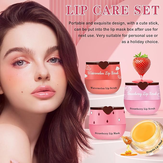 4PCS Lip Scrub and Mask Set,Strawberry and Honey Pot Lip Balm,Reduces Lip Lines Lip Exfoliator Scrub and Moisturizer,Repair Beebalm Lip Balm and Lip Scrub Set,Lip Mask Overnight