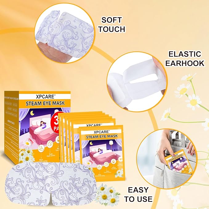 XPCARE 32 Pack Steam Eye Masks for Dry Eyes, SPA Warm Sleep Eye Mask, Disposable Heated Eye Mask for Dark Circles, Puffy Eyes, Relief Stress Eye Fatigue(Chamomile)