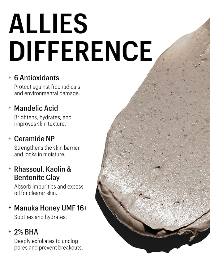 Allies of Skin 2% BHA & Rhassoul Clay Face Mask | Weekly Treatment to Reduce Pores and Blemishes| Control Breakouts, Acne and Blackheads | Hydrate and Retain Moisture (1.7 oz)