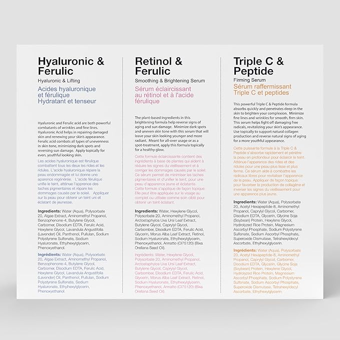 [3-PACK] MD Selections Retinol Hyaluronic Ferulic Triple C Peptide Lifting Serum Bundle for Face, 3 Fl Oz - Skin Firming Plumping Boost Collagen