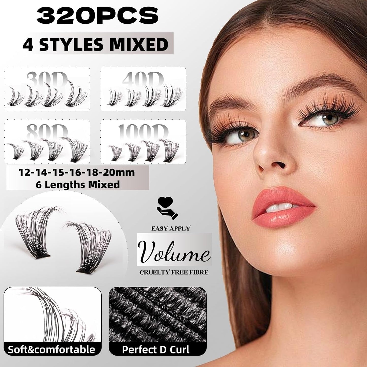 Lash Clusters 320pcs Lash Extension Kit 30D 40D 80D 100D Individual Lashes Kit 12-20mm Eyelash Extension Kit with Lash Bond&Seal,Lash Remover and Lash Tweezers for Easy Use(30/40/80/100D-0.07D Kit))