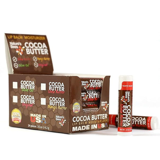 Nature's Bees Cocoa Butter Lip Balm Moisturizer, Shea Butter Flavor, Hydrating Lip Care for Dry Lips, Made in the USA with Coconut Oil, Beeswax, Vitamin E, and Aloe, 0.15 oz Each, 24 Pack