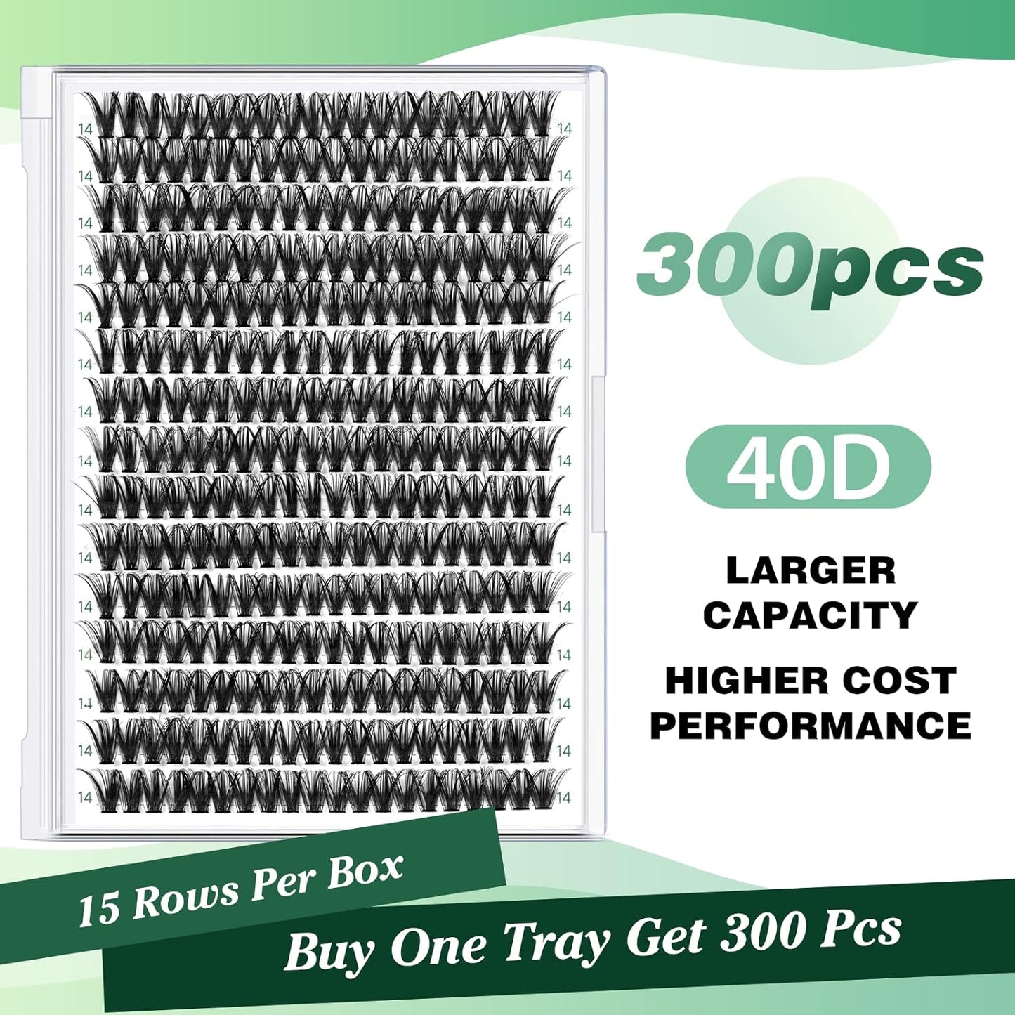 Lash Clusters 300pcs Individual Lashes 40D 0.07D Curl 14mm DIY Eyelash Extension KEYYOU Large Tray Volume Soft&Natural Eyelash Clusters(40D-0.07D,14）