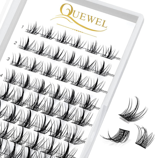 QUEWEL Cluster Lashes 72 Pcs Wide Stem Individual Lashes C/D Curl 8-16mm Length DIY Eyelash Extension False Eyelashes Sparkle Styles Soft for Personal Makeup Use at Home (Sparkle-D-MIX8-16)