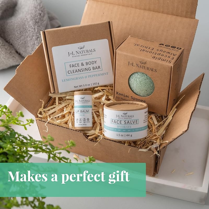 J&L Naturals Simple Skin Regimen Kit With Cleansing Bar, Face Salve, Konjac Sponge, Lip Balm | For Oily, Dry, Mature, and Combination Skin | Zero Waste (Balance (oily, combination skin), Simple)
