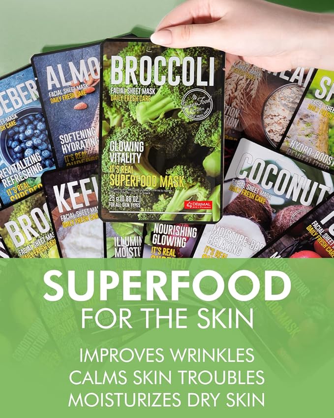 DERMAL Superfood Daily Fresh Care Assorted Sheet Mask Mega 10 Pack- Facial Sheet Mask for Glowing Refreshing Skin - Moisturizing Sheet Masks for All Skin Types' Face Enriched with Natural Ingredients