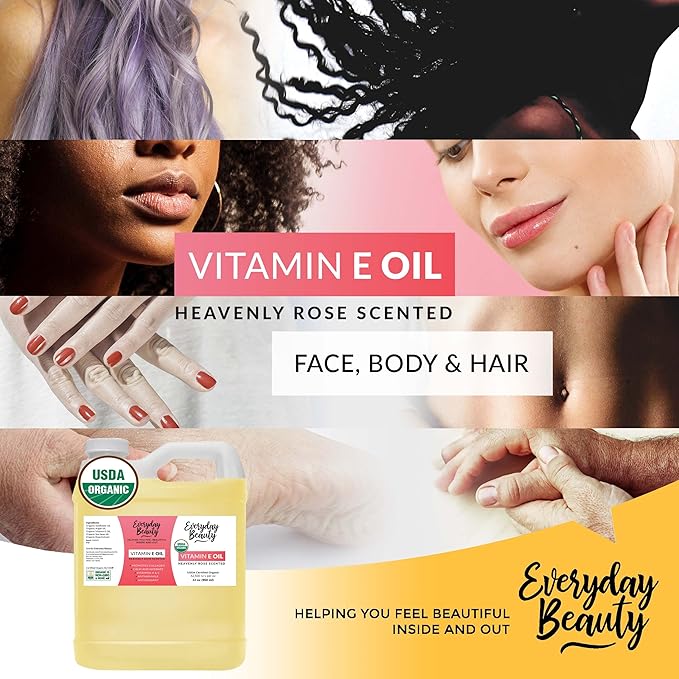 Organic Vitamin E Oil - Bulk 32 oz Heavenly Rose Scented USDA Certified 100% All Natural Plant Based - Light and Rose Scented Great for Scars After Surgery - For Face, Skin and Nails