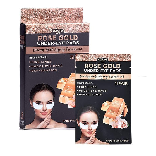 Azure Cosmetics Rose Gold Luxury Anti Aging Under Eye Pads - Lifting, Smoothing & Hydrating Eye Mask Patches - Reduces Fine Lines, Wrinkles, Dark Circles & Puffiness - Made in Korea - 5 Pairs